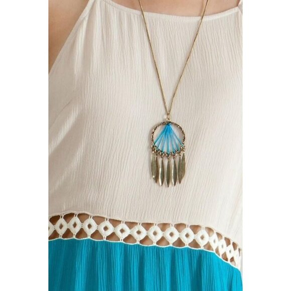 Turquoise Jade Cream ENTRO Color Block BOHO Tie Back Cruise Festival Maxi Dress - Picture 4 of 5